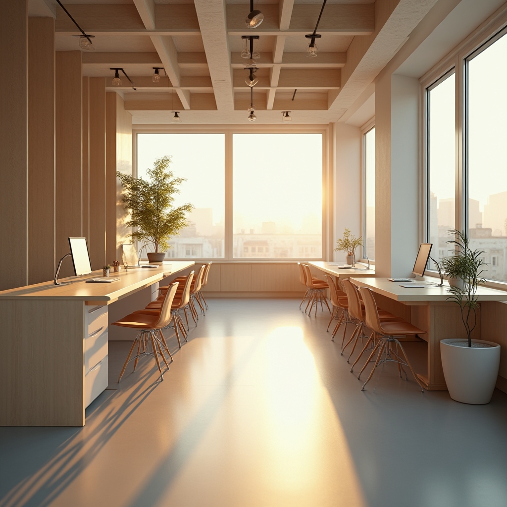 Leerer Coworking-Space mit ungenutzten Schreibtischen