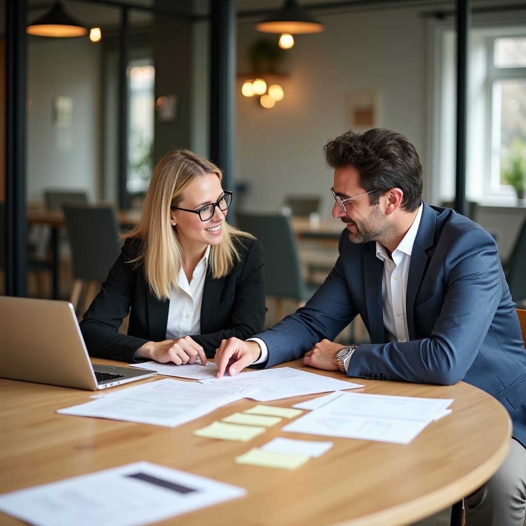 Coworking-Space-Betreiberin und Berater arbeiten gemeinsam an einem Konzept